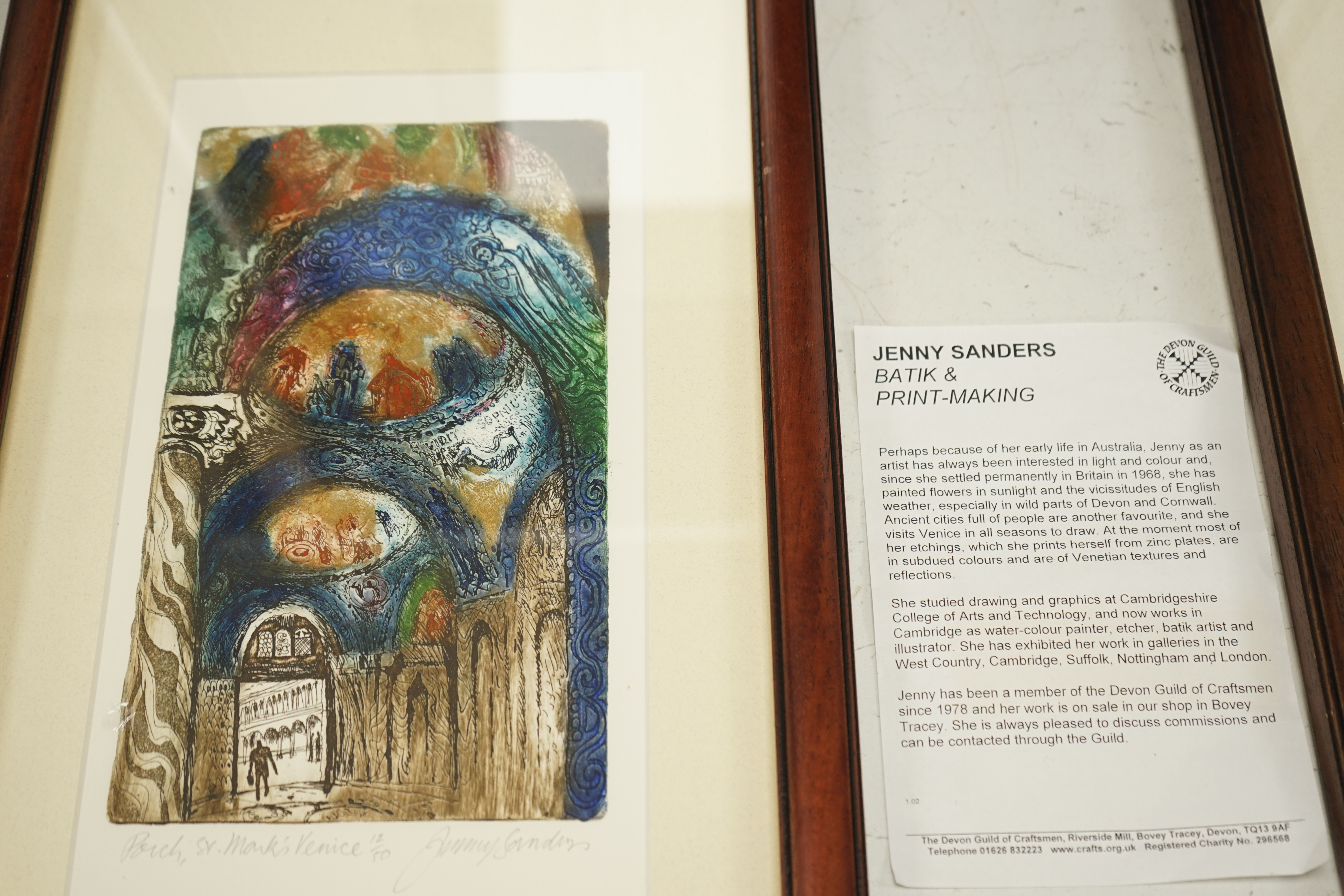 Jenny Sanders, four colour etchings, Venetian scenes including ‘St. Mark's, Venice’ and ‘Castello Sestiere’, each pencil signed and limited edition, largest 31 x 16cm. Condition - good